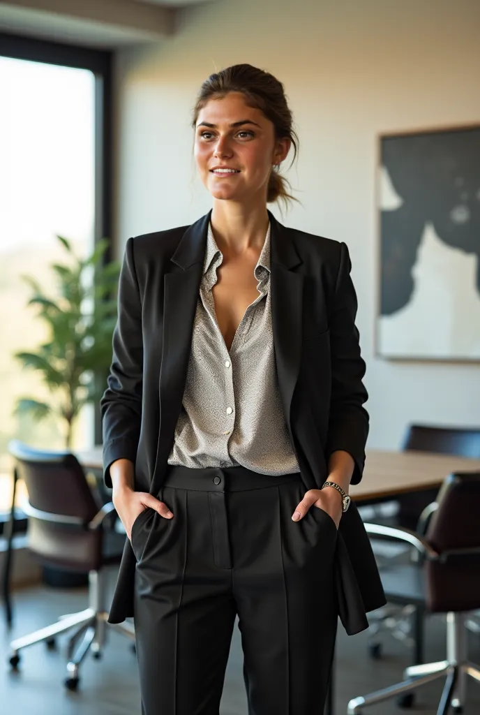 A woman just like that with beautiful and informal clothes in an office, professional photos of an executive. 