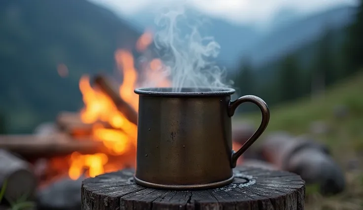 A close-up of a steaming metal mug resting on a weathered wooden stump near a crackling campfire. Wisps of steam rise into the crisp outdoor air, while the warm glow of the fire flickers in the background. Tiny droplets of condensation cover the mug, empha...