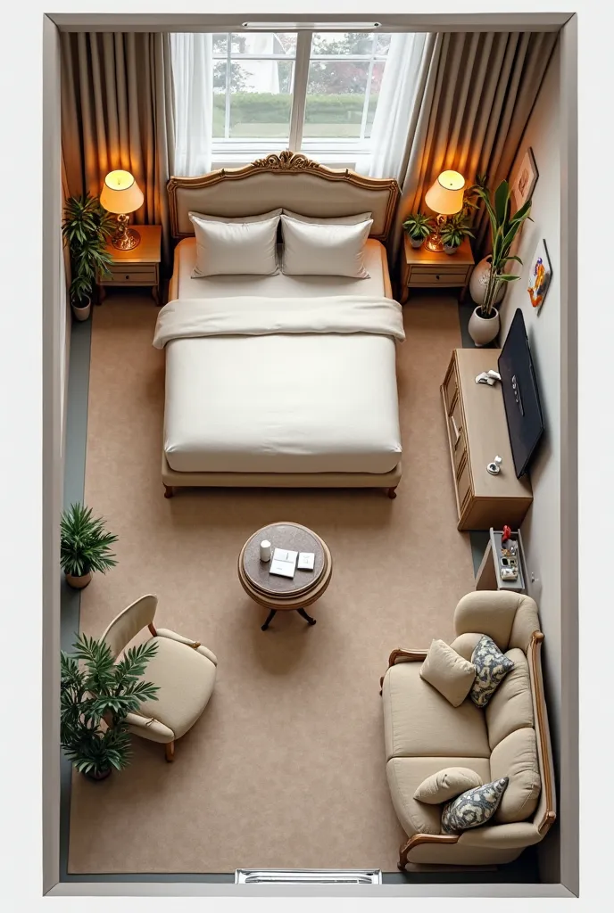 Make a floor plan of a 5-star luxury hotel room in a city, containing a French bed, 4 pillows, TV,  sofa , desk with 2 chairs and reading lamp, 2 bedside tables also with lamps, blackout curtains, wardrobe, outlets at the bed and elsewhere, minibar, window...