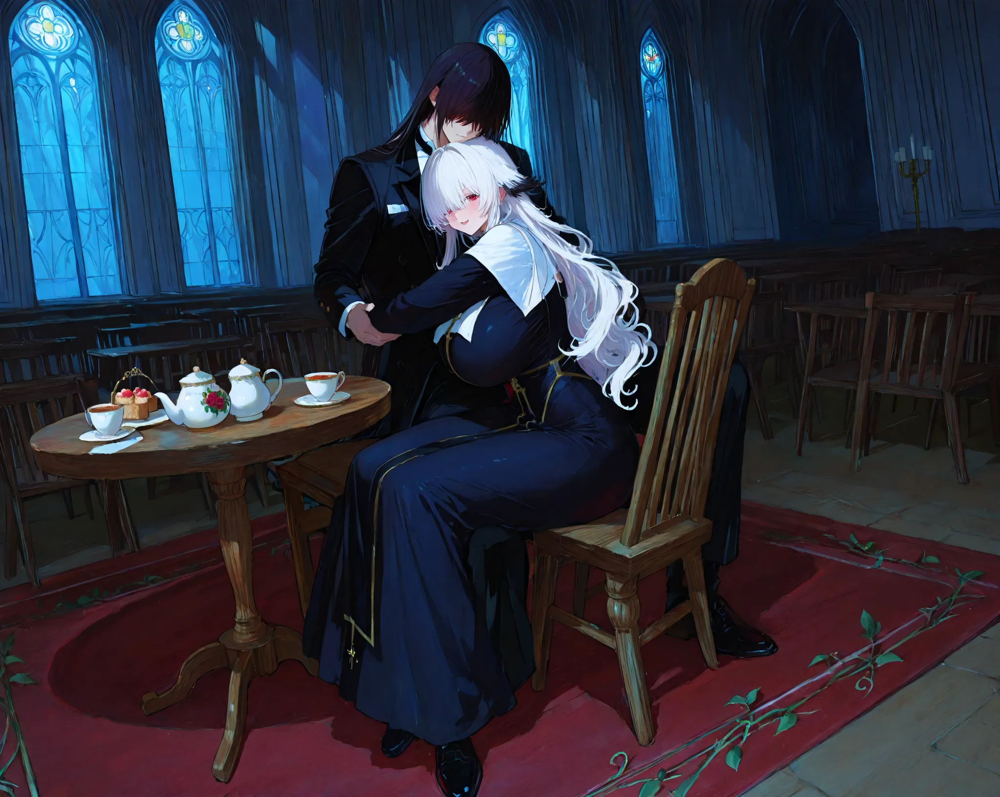 perfect anatomy hyper realistic, female with (red eyes Fluffy wave hair, white Hair 18yo short stature (colossal Breasts:1.1), black nun clothes), male with (hair over eyes Black Hair 20yo Butler Clothes), moonlight flower garden out of church, sitting woo...