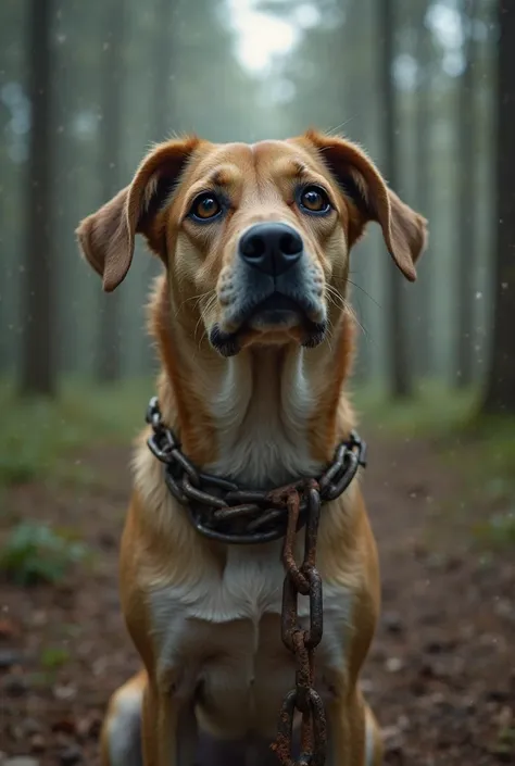 A dog with visible chain marks on its neck, standing in a forest. The forest is dense with tall trees and a soft, misty light filtering through the leaves. The dog looks sad and tired, with a slightly worn and rugged appearance. The chains on its neck are ...