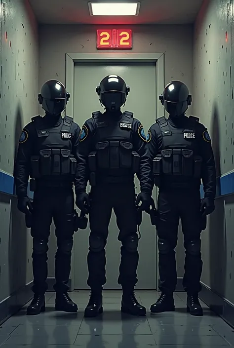 3 policemen at the door of an apartment number 22, the policemen in black clothes and vest, black helmet in the hallway looking at the door of the apartment in 3d pixel style