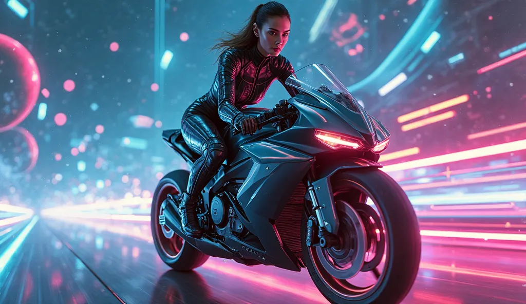 CREATE A PROMPT, of a beautiful woman on a (((Tron)) style motorcycle, wearing a cyberfuturistic suit, on a track with neon lights and floating orbs