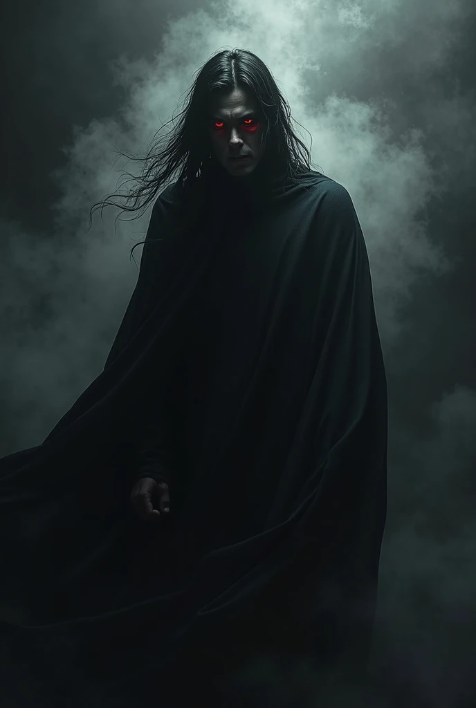 A man with very long black hair, he has red eyes, can't see his face, he has a black dress with a black background and white fog. 