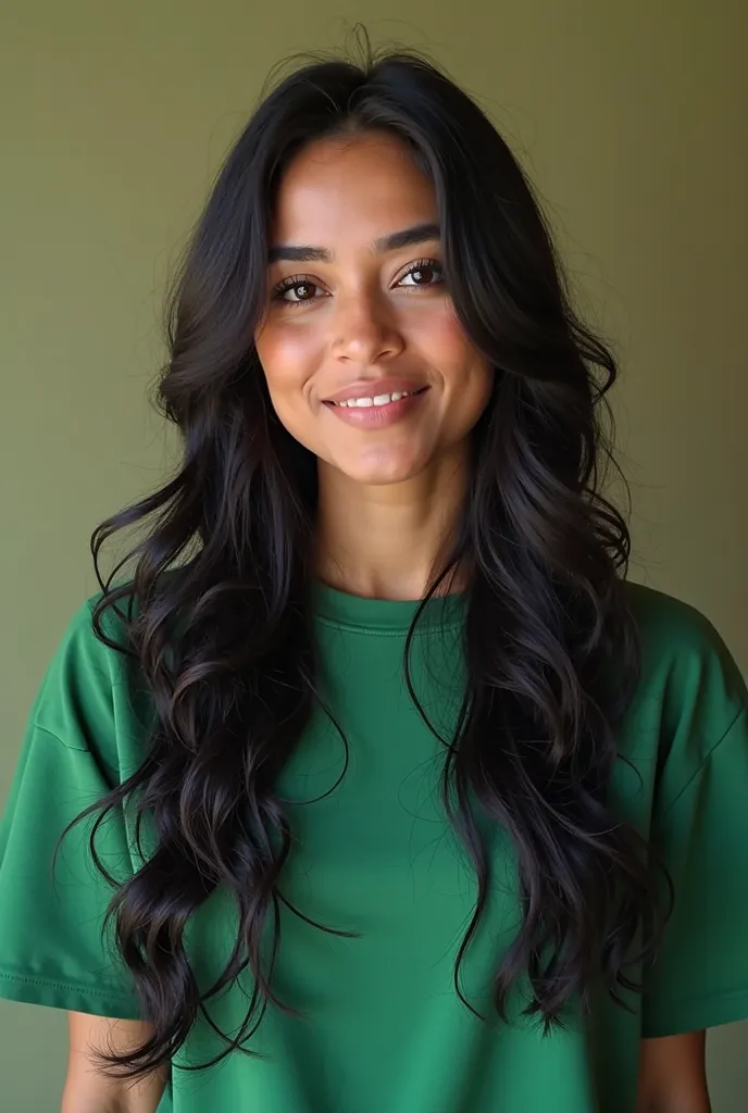 Arafed woman with long black hair and green shirt,  a picture by Amelia Peláez ,  instagram , tachisme, ayahausca, lorena avarez, Alanis Guillen,  Estefania Villegas Burgos , profile picture,   profile picture ,  profile picture profesional, Karla Ortiz, 3...