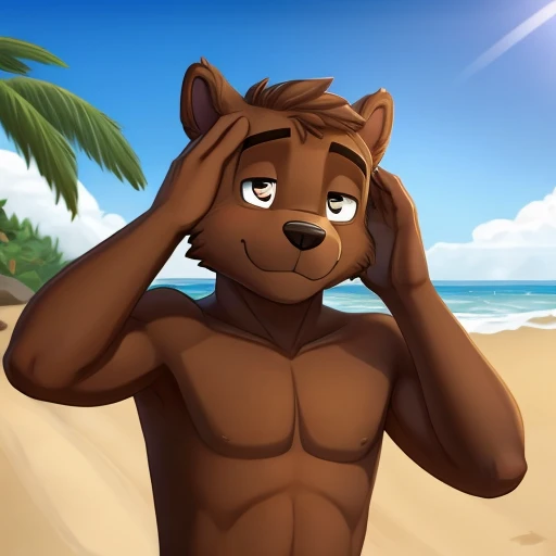 A naked fully brown furry boy, covering his private part with both his hands, on a beach, looking embarrassed, ((both hands over private part))