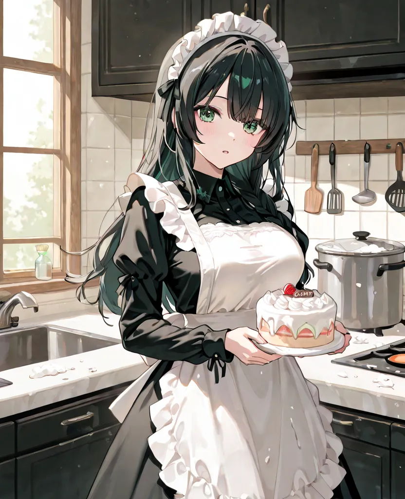 Adult female, braided black hair, green eyes, gothic aesthetic, wearing black dress, white apron over dress, covered in flour, frosting cake on kitchen counter