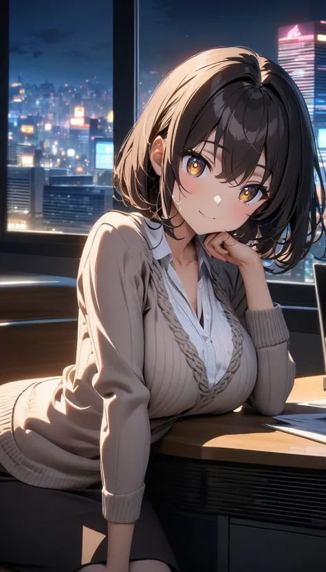 (beautiful anime girl:1.3), kawaii girl, slim and graceful figure, office, A beautiful anime girl resting her elbow on the desk, propping her chin with one hand, big sparkling eyes, brown eyes, soft smile, shiny and silky hair, detailed hair strands, short...