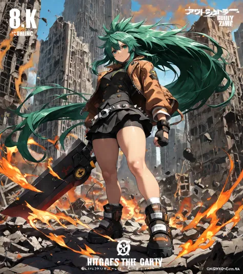 4K, Game's Cover, Guilty Gear Strive Style, 1 girl, solo, chains around her, extreme large Long Messy hair, cyan-Green colored hair, big bosom, buxom, jacket (with impressive details), shirt, spiked belt (large),  skirt, undershorts, spiked boots, holding ...