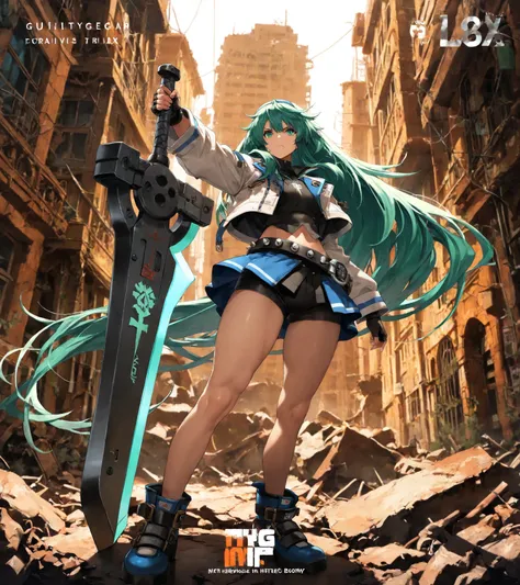 4K, Game's Cover, Guilty Gear Strive Style, 1 girl, solo, chains around her, extreme large Long Messy hair, cyan-Green colored hair, big bosom, buxom, jacket (with impressive details), shirt, spiked belt (large),  skirt, undershorts, spiked boots, holding ...