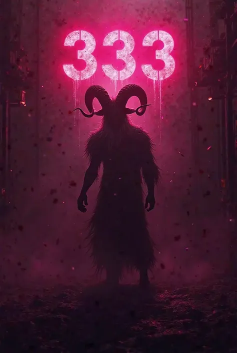 Make me the background of a sign for a hardtechno party that includes the title 333 and a silhouette in the background of a demonic goat dancing in shades of black and pink and make it all very dark 