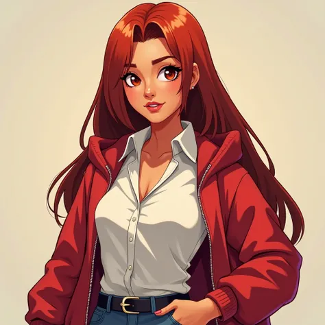  A  teenager, big,  Female,  young, strong, inviting, Americana,  with Latin features , a lot of energy , dark reddish eyes, a white blouse with a red jacket on top with a hood on the back, wears straight hair, long and red, Pouch .  comic-style viewer 