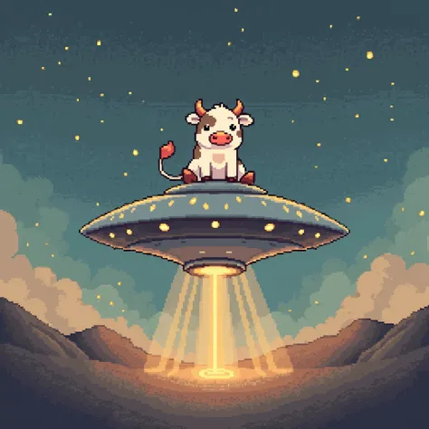 UFO with little cute cow top down view pixelart