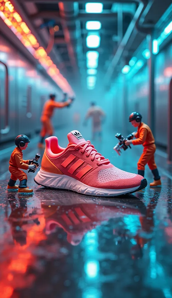 loud, stylish sneaker in trendy design, inspired by Adidas, with the bright and attractive color, stands in a futuristic. Miniature workers in uniform are bustling around him, } by thoroughly cleaning the shoe surface with special tools. The laboratory is ...