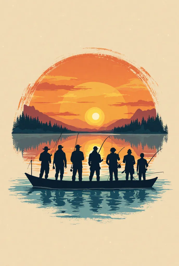 Design a logo with the inscription "Pesca dos Primos" What does the union and friendship of a fishing group represent. Put about 5 to 8 fishermen, it may just be the silhouette on a lake during sunset. The art will be inserted on a beige background. Must c...