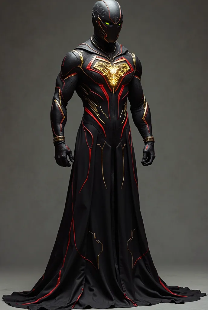 SUPER HERO COSTUME long black flexible cover, marked by gold and red lines and a shimmering justice emblem,  a justice scale 