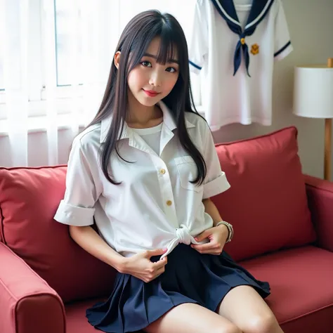 A young cutie sassy Japanese kawaii highschoolgirl with big breasts seductively sexualy provoke erotic posing on a soft comfortable couch, taking a realistic photo,A beautiful cutie naughty big breasts(((perfect figure,bright white radiance skin,oval face,...