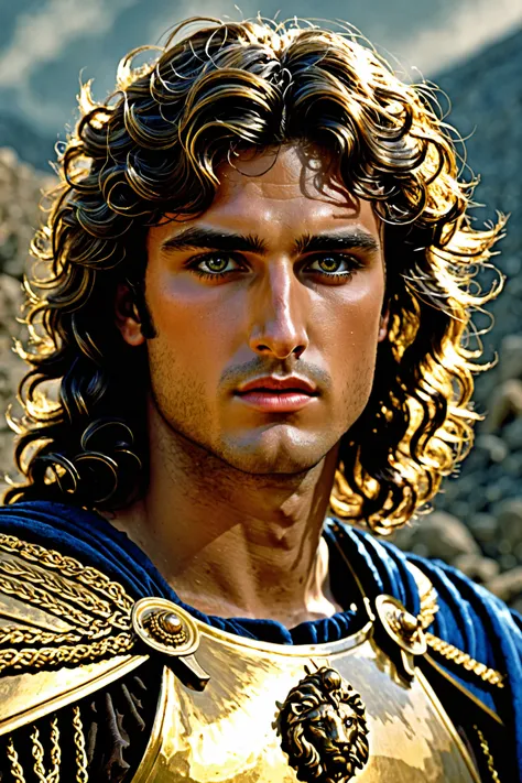 Alexander the Great. Style dark heroic-fantasy des années 80 (80's dark heroic-fantasy). Grand, yeux verrons, curly and brown hair. Un visage de fin et délicats.