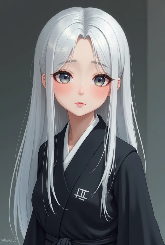 Help me to create my ideal type: white hair, a little long with nice eyebrows, a little cold look, but also a kind of tender dress like Korean clothing, that the hair is black and that it is not fat but not so skinny and that I have beautiful lips. 