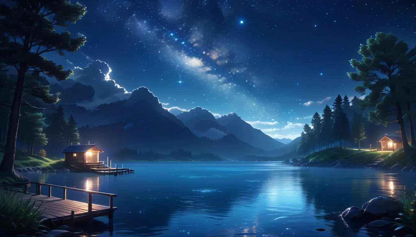 starry night scene of a lake with a dock and a house, night scenery, nighttime nature landscape, anime landscape wallpaper, relaxing concept art, 4 k hd wallpaper very detailed, anime background art, tranquility of the endless stars, moonlit starry sky env...