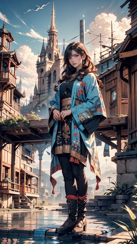 Mountain at dusk,  against the backdrop of a futuristic city floating in the desert, Low clouds cover the mountains, realistic+intricate details in the countryside,  colorful clothes, full body, 16k.