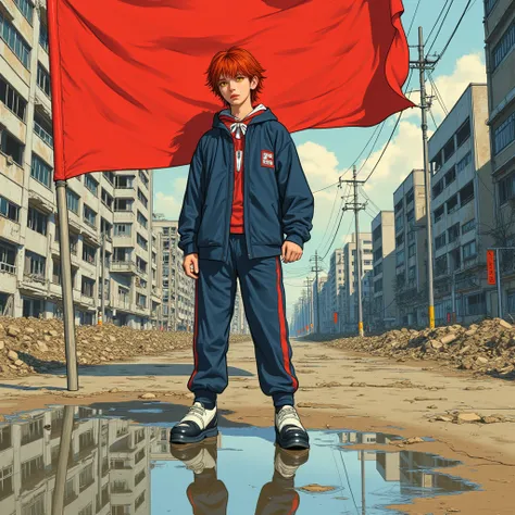 manga cover with title 'FORLORN HOPE', retro futuristic, 1 boy with red hair yellow eyes yankee style punk dark blue high school uniform red armband cool sneakers standing up, holding a huge red flag, with his reflection in a water puddle, ruined Tokyo cit...