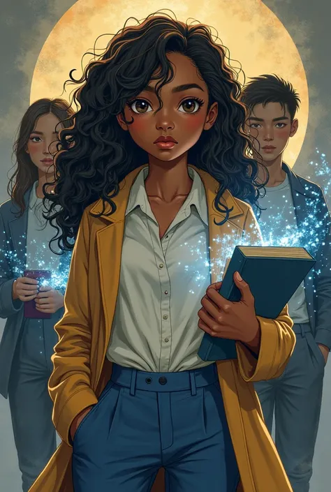 an illustration of a girl in the centre around the age of 15 , her face determined,she has curly,black long hair, with golden streaks, a dark skin tone, one hand holding 2-3 books, from the other other hand bluish telepathic sparks are coming, she is weari...