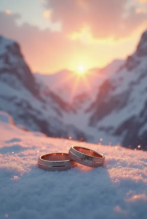 Two wedding rings in the mountains, Snow,  the sun sets  