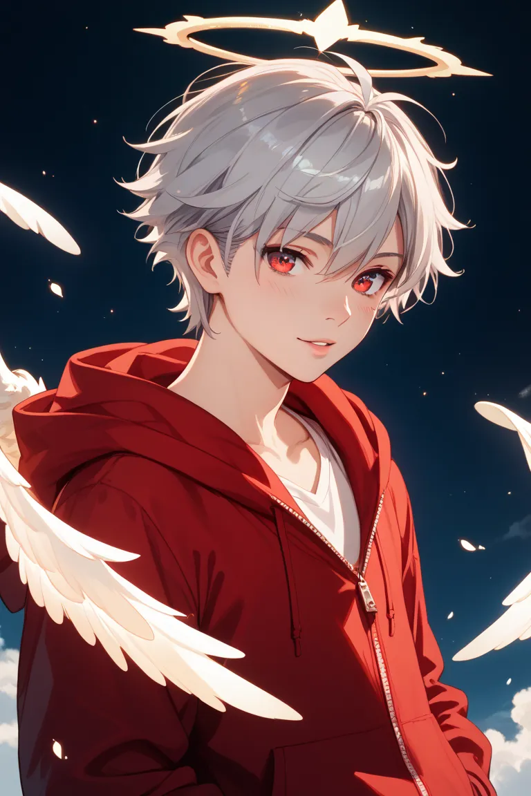 boy with silver hair　Put on a red hoodie　Hide your right eye with your hair　Attach an angel ring　Make your hair a little longer