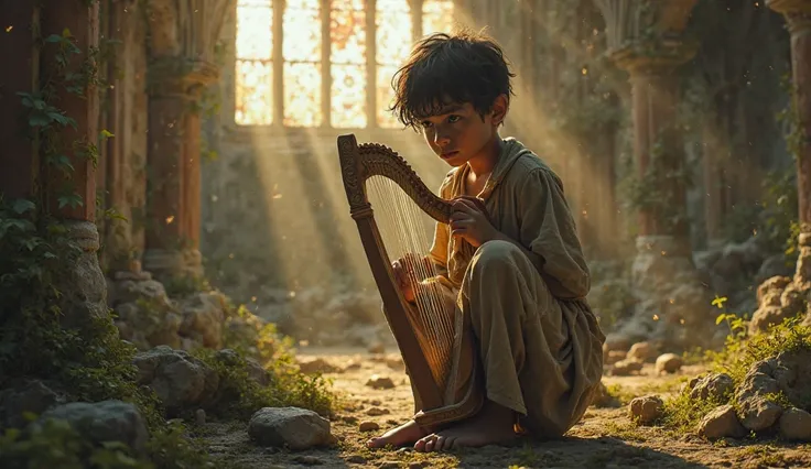 (An exciting image...) A poor boy finding a small harp in the ruins of a church, and by touching it, Feel a spiritual force guiding your fingers.