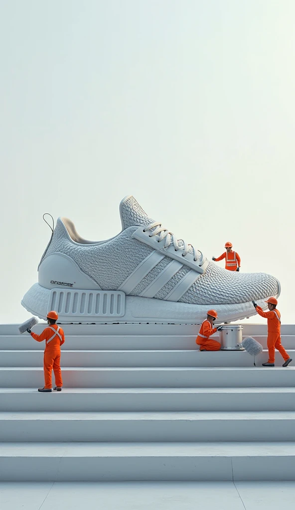 design Photorealistic image of the giant Adidas, which is cleaned by miniature workers wearing orange vests and helmets. They use, brushes , bucket of water and a. The sneaker is made in a modern Adidas, polisher with three stripes and a technological text...