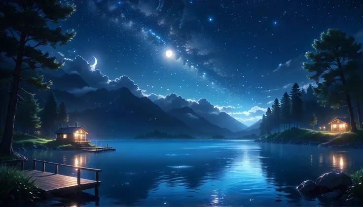 starry night scene of a lake with a dock and a house, night scenery, nighttime nature landscape, anime landscape wallpaper, relaxing concept art, 4 k hd wallpaper very detailed, anime background art, tranquility of the endless stars, moonlit starry sky env...