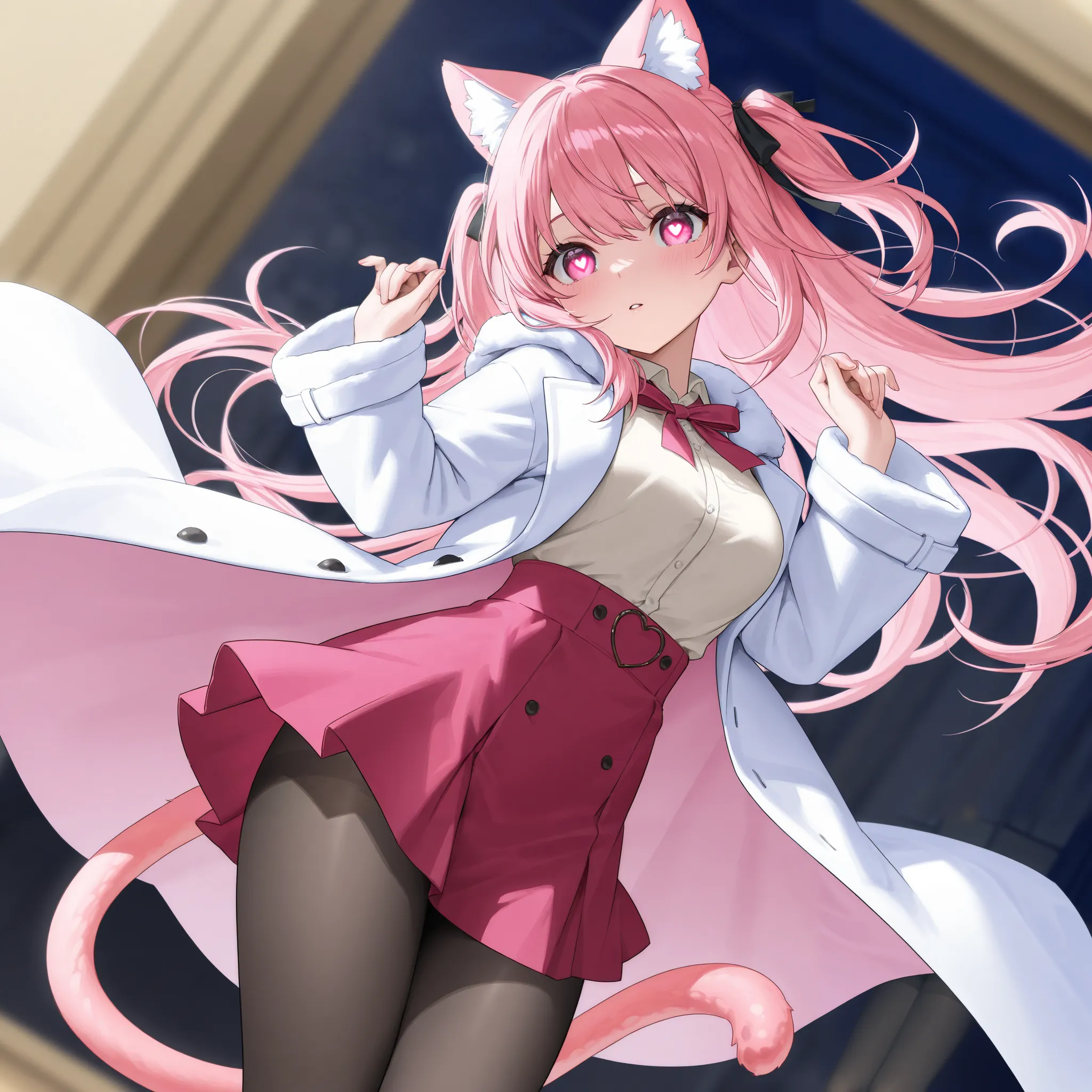 、 best thighs、beautiful skin、Clear shadows、front、 Long Coat 、pink hair、salmon pink eyes、black tights、Cat tail、 Heart Eyes 、 skirt、 raised 、 long hair、blush、The Quintessential Quintessential Bride