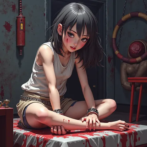 A torture room decorated with torture instruments、 beautiful Japanese girl、(Humiliating my daughter)、scream、(frightened girl)、hello、(Dim lighting)、MERCILESS、Disorder、unusual composition、(Grab a girl and strip her naked)、 masterpiece best quality、baby face、...