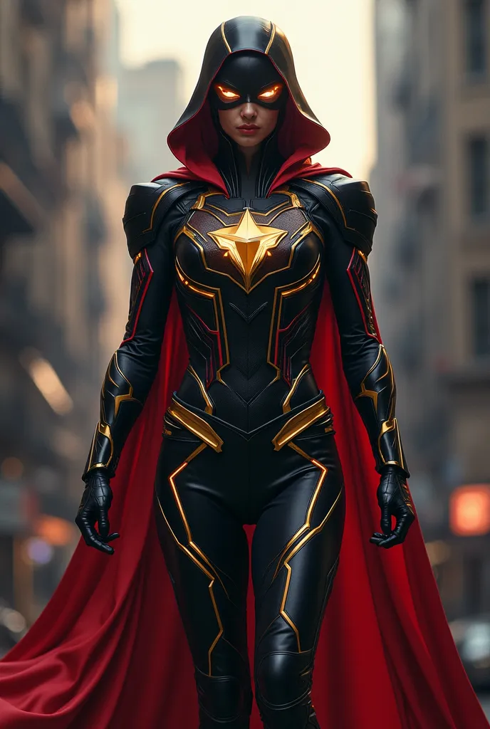 SUPER HERO COSTUME long black flexible cover, marked by gold and red lines and a shimmering justice emblem, An anime-style balance of justice