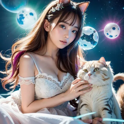 A mesmerizing fantasy world dominated . The scene features a beautiful young Japanese woman with long flowing hair, gently holding an American Shorthair cat. She wears a delicate white lace dress, exuding an ethereal aura. Her expression is serene, with la...