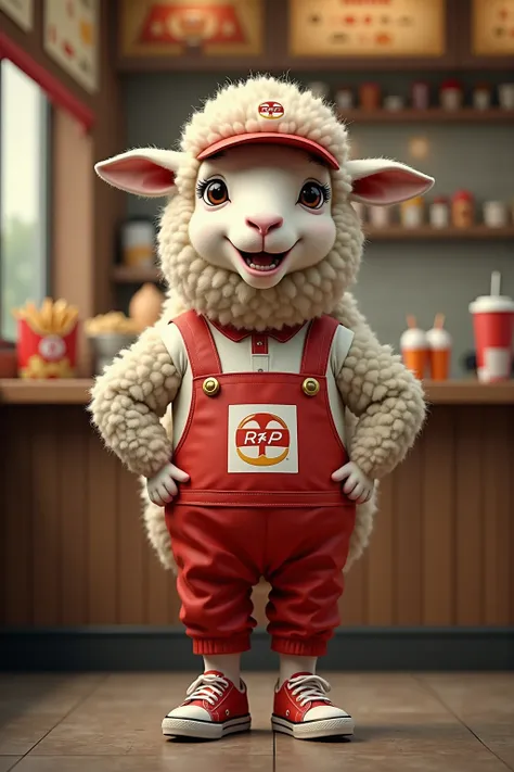 photorealistic portrait of Dressed animals - a ((fat))  (baby sheep) fast food worker,(art by Giuseppe Arcimboldo),(happy smile:1.5),(furry), high quality,(lovely) hands on hips,, (Wearing fast food shop uniform) , (wearing apron and shirt with logo), high...