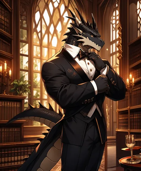 (masterpiece:1.3), anthro black dragon butler,
//核心特征
obsidian scales polished to mirror finish, 
tail coiled around mahogany chair leg, 
golden draconic pupils with clockwork iris patterns, 
muscular frame filling tailored suit perfectly,

//服饰细节
double-b...