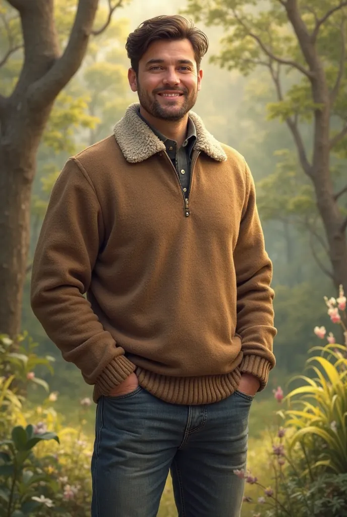 A man wearing a sweater and jeans in 