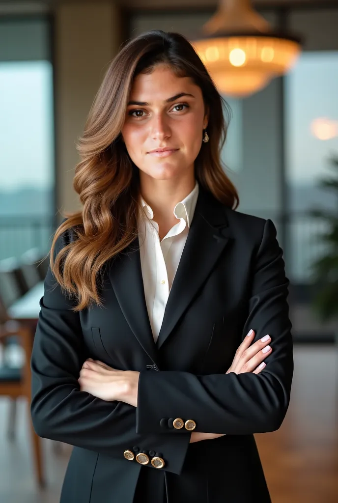 Realistic photo of a woman just like that with beautiful clothes she has loose hair and women's clothes in an office, professional photos of an executive 