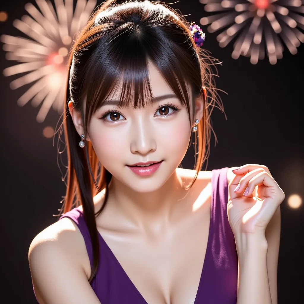 1 girl, Beautiful Girl、solo, high resolution, 最high quality, high quality, textured skin, ultra high definition, ((brown hair、Shortcut right ponytail)),((big breasts,Big Breasts)),earrings, ((fireworks background )), ribbon hair accessory, ((Photograph onl...