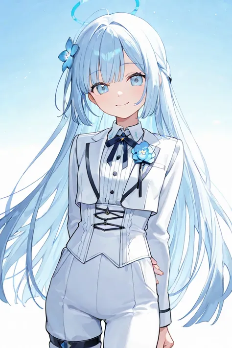 Anime girl, 6 head tall, sky Blue long straight hair, wearing thighs corset with body white stoking, smiling, have light blue flowers on hair, wearing white suit on upper body, light blue eyes,