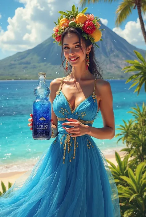 A realistic woman inspired by Miss Chiquita, wearing a flowing blue dress with gold accents and a vibrant fruit-filled headdress. She stands elegantly in an inviting pose, holding a transparent light blue bottle filled with dark blue liquid resembling blue...