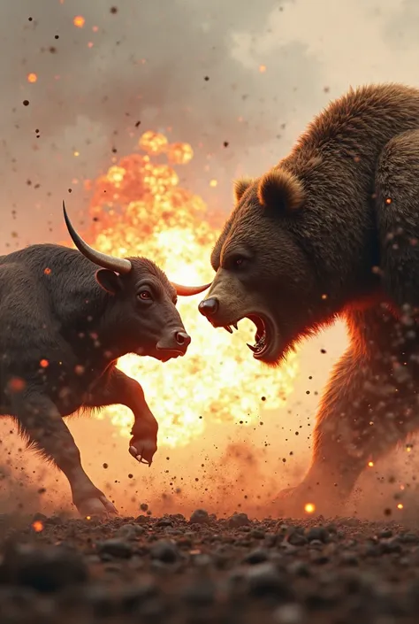 I want a video with a bull that comes out of the left side running and at the same time a bear on the right side running the two animals hit half of the screen and create an explosion and flash 