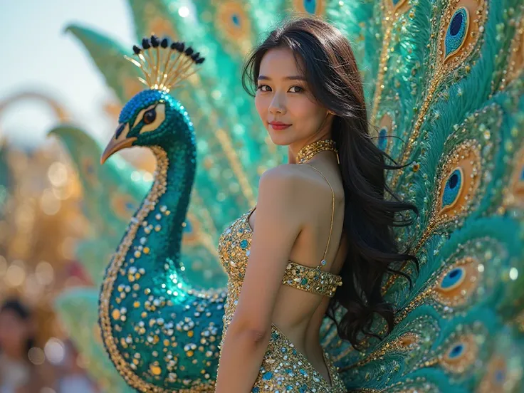 On the side of a colorful peacock-themed allegorical cars,  Peacock the show,carnival parade, Korean woman, long long black hair, dressed in a swimsuit detailed with embroideries and rhinestones in the colors green and blue,a float with a large peacock wit...