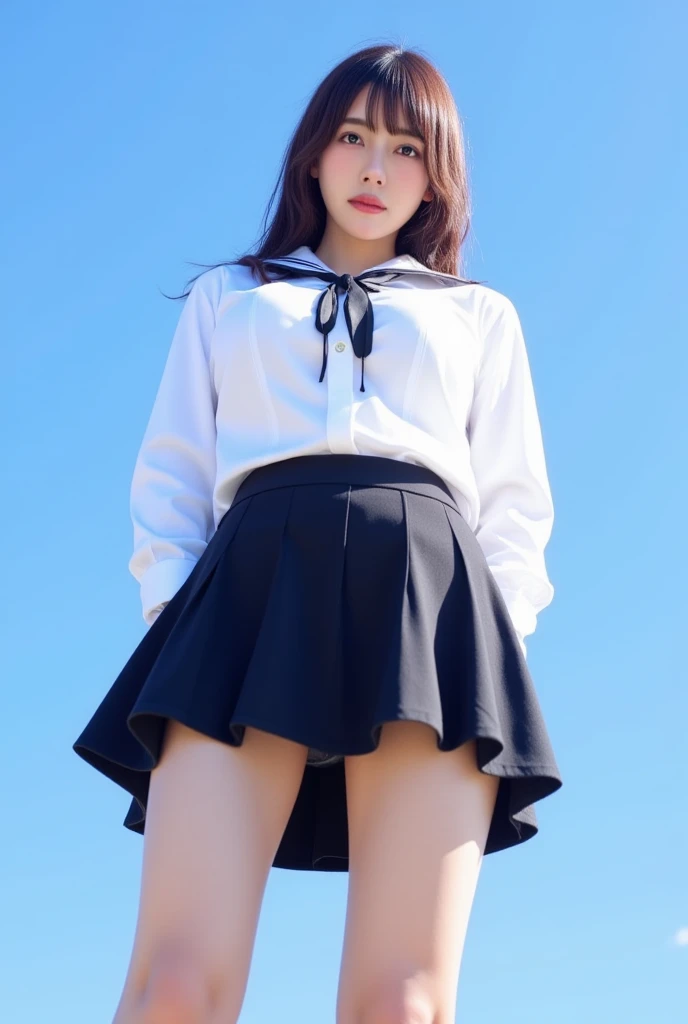 1girl,Stand,low angle view from below,extreme close-up,black hemline skirt,jk,underpants,the background is a blue sky,