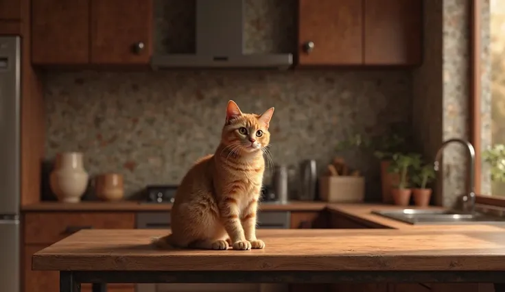 the interior of a modern kitchen in dark brown tones, a table in close-up, a cat sitting on the table