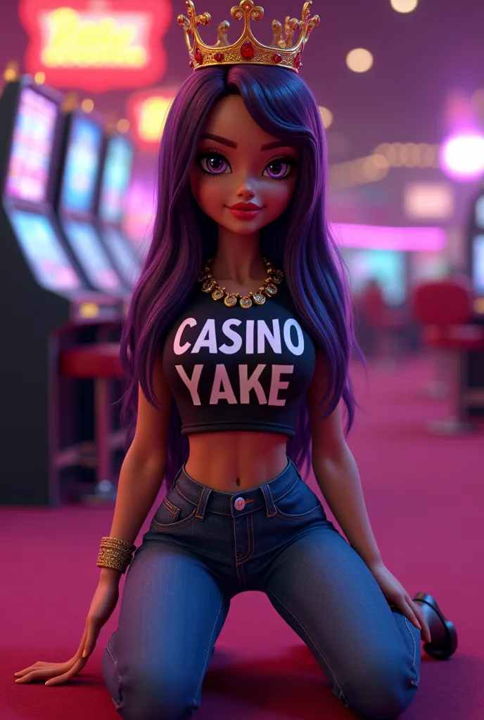 3D illustration of a beautiful bratz in a casino with long, straight hair, dressed in jeans around the body and short t-shirt with “CASINO YAKE” decoration she is half-kneeling on the floor and has a crown of Reyna on her head 