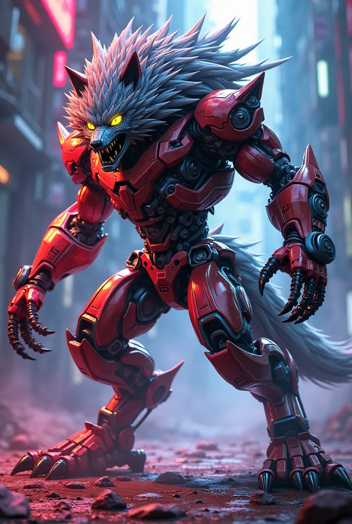 Create me a werewolf in the style of Megaman zero, with the hair from the Powerwolf album Call of the Wild and the colors of Megaman's zero armor and half yellow gray eyes