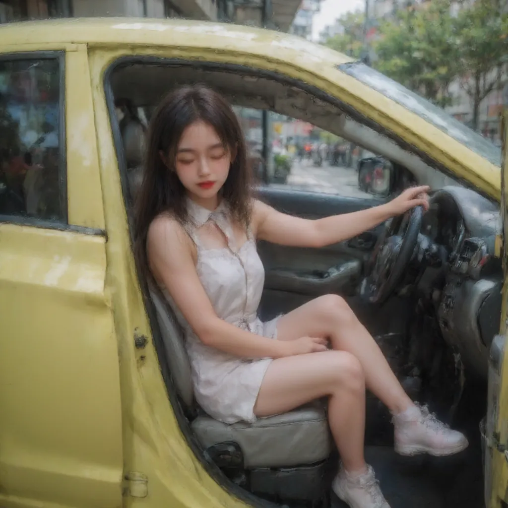 Thai teenage girl angrily tries to start the 2010 Yellow Green Toyota Altis Taxi from the inside but fails. , Sitting on a gray leather seat on the driver's side,  Steering Wheel Handles ,  sweat break, nervousness and anxiety,  white swimsuit , Restlessne...